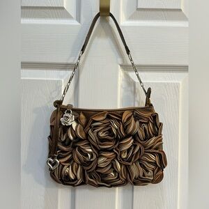 RARE Brighton Bronze/Copper/brown Leather 3D Velvet Rose Floral Handbag Purse.